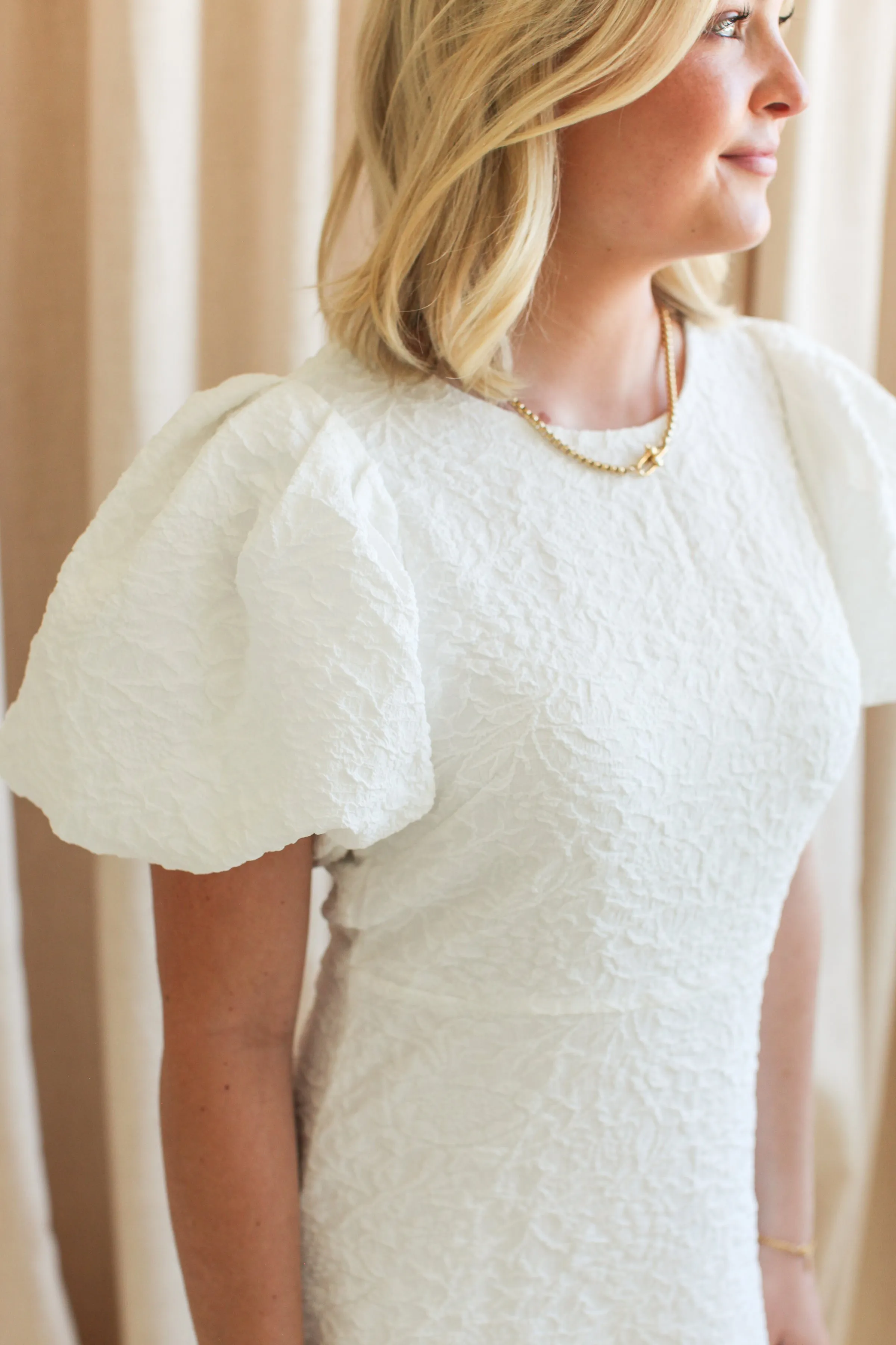 Ella Jacquard Midi Dress- White Compact Fit