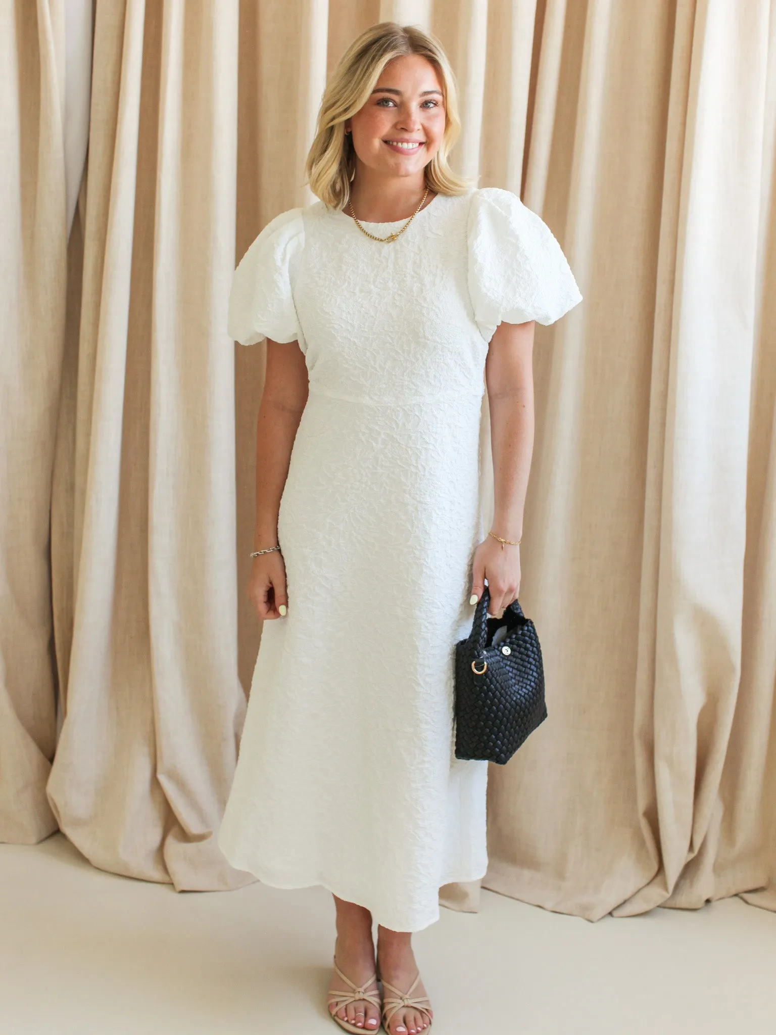 Ella Jacquard Midi Dress- White Stream Cut Skirt Flare