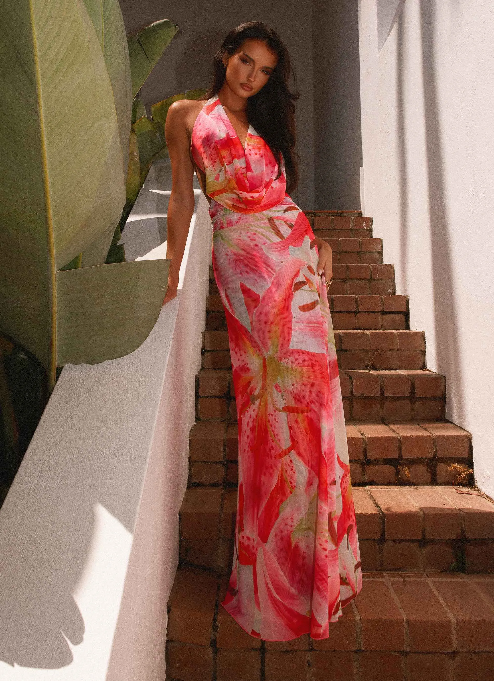 Elysia Mesh Maxi Dress - White Pink Lilly Perfect Proportion Hidden-Pocket