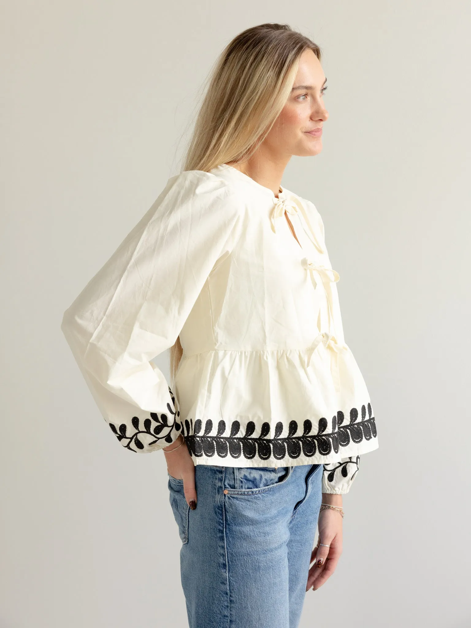 Embroidered Peplum Bow Blouse Drop Shoulder PlacketDetail