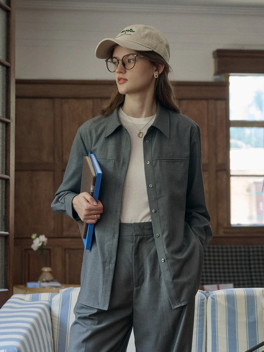 TonalStitching Emelia Classic Lapel Pocket Dark Gray Shirt