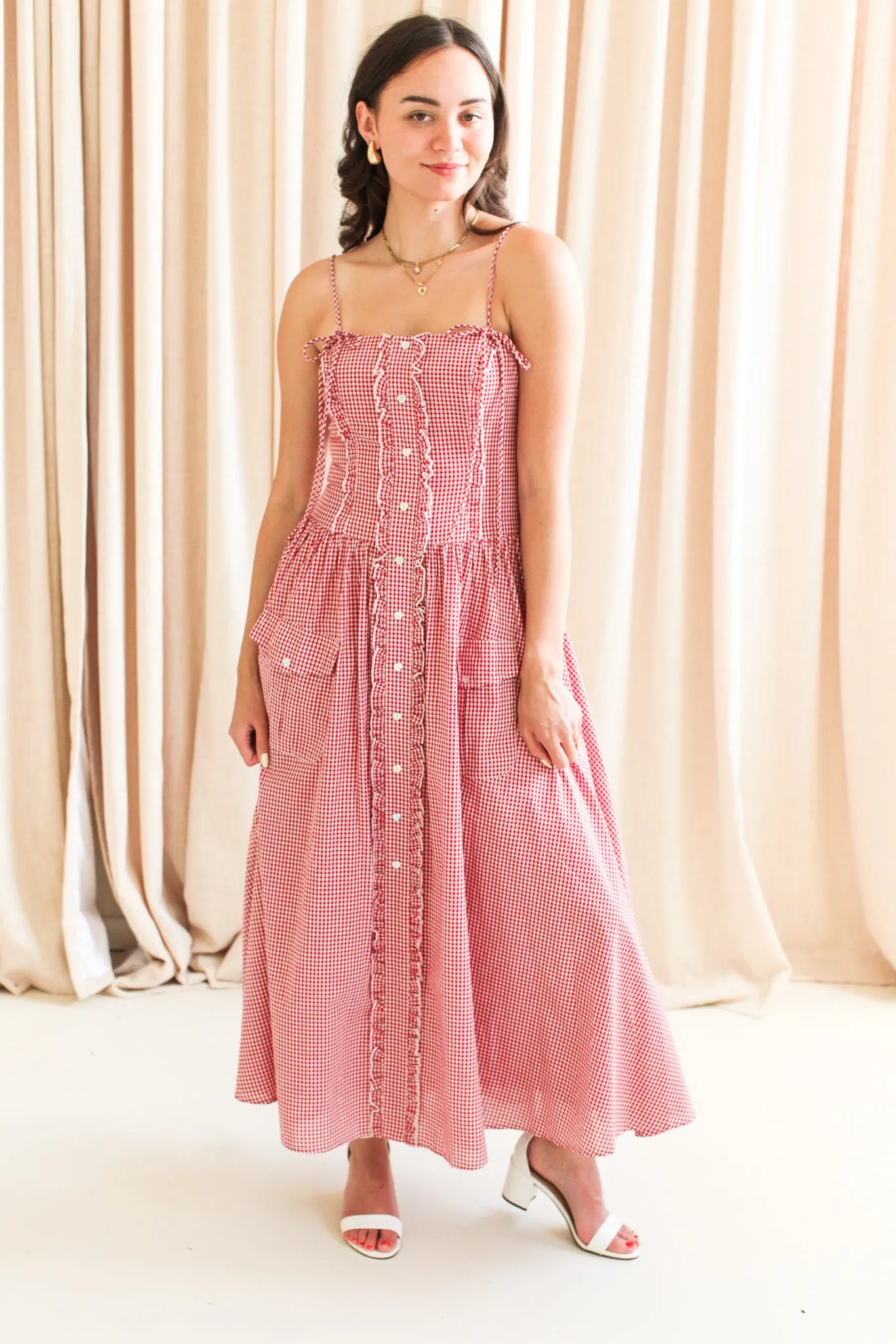Elegant Layer Emery Gingham Midi Dress - Red