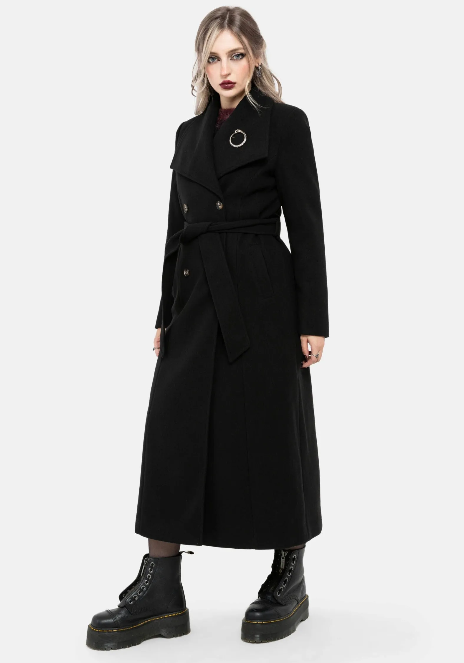 Abyss Tie Waist Double Breasted Coat With Snake Brooch - Black Breathable Lining Design