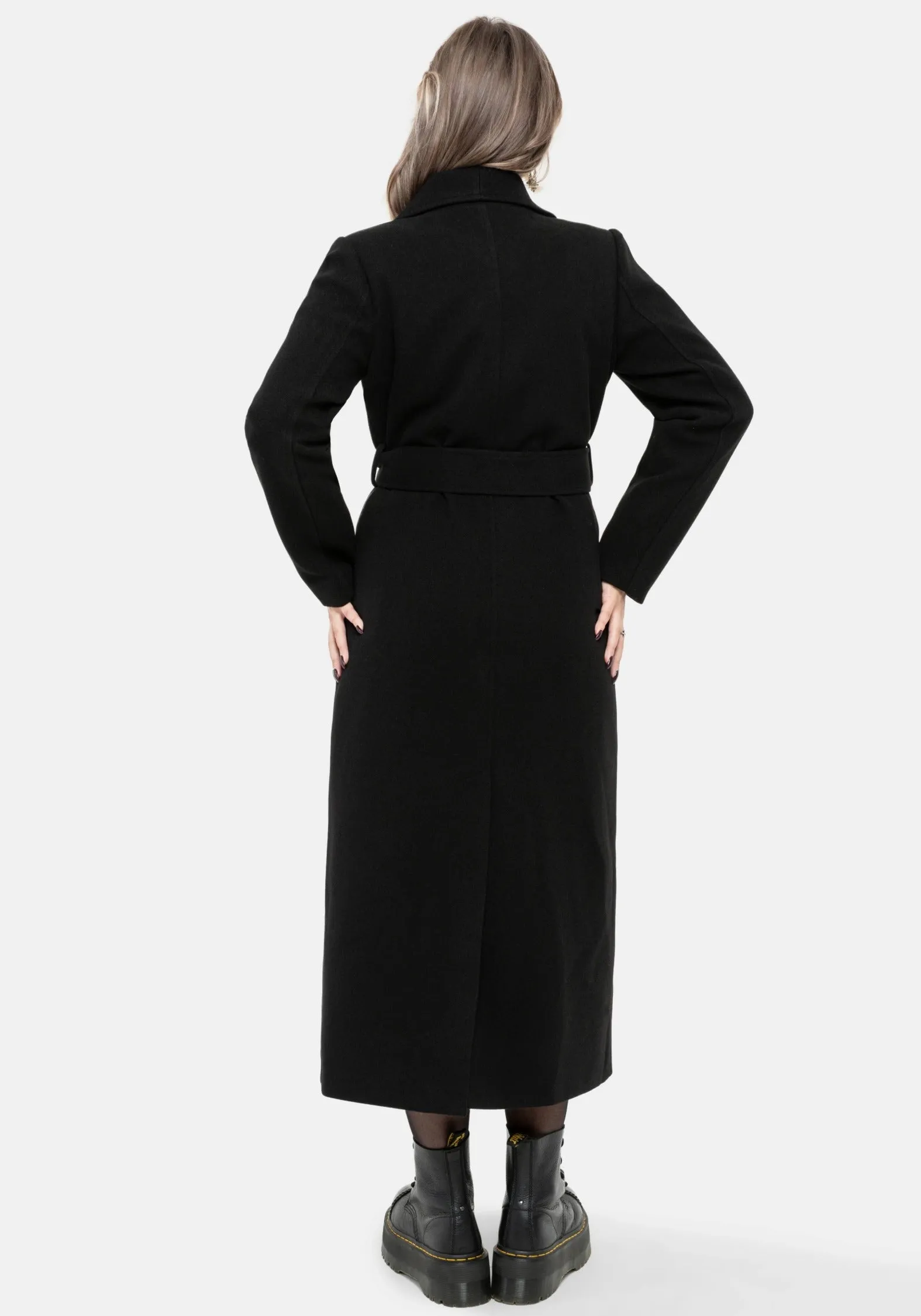 Abyss Tie Waist Double Breasted Coat With Snake Brooch - Black SnapFastenings