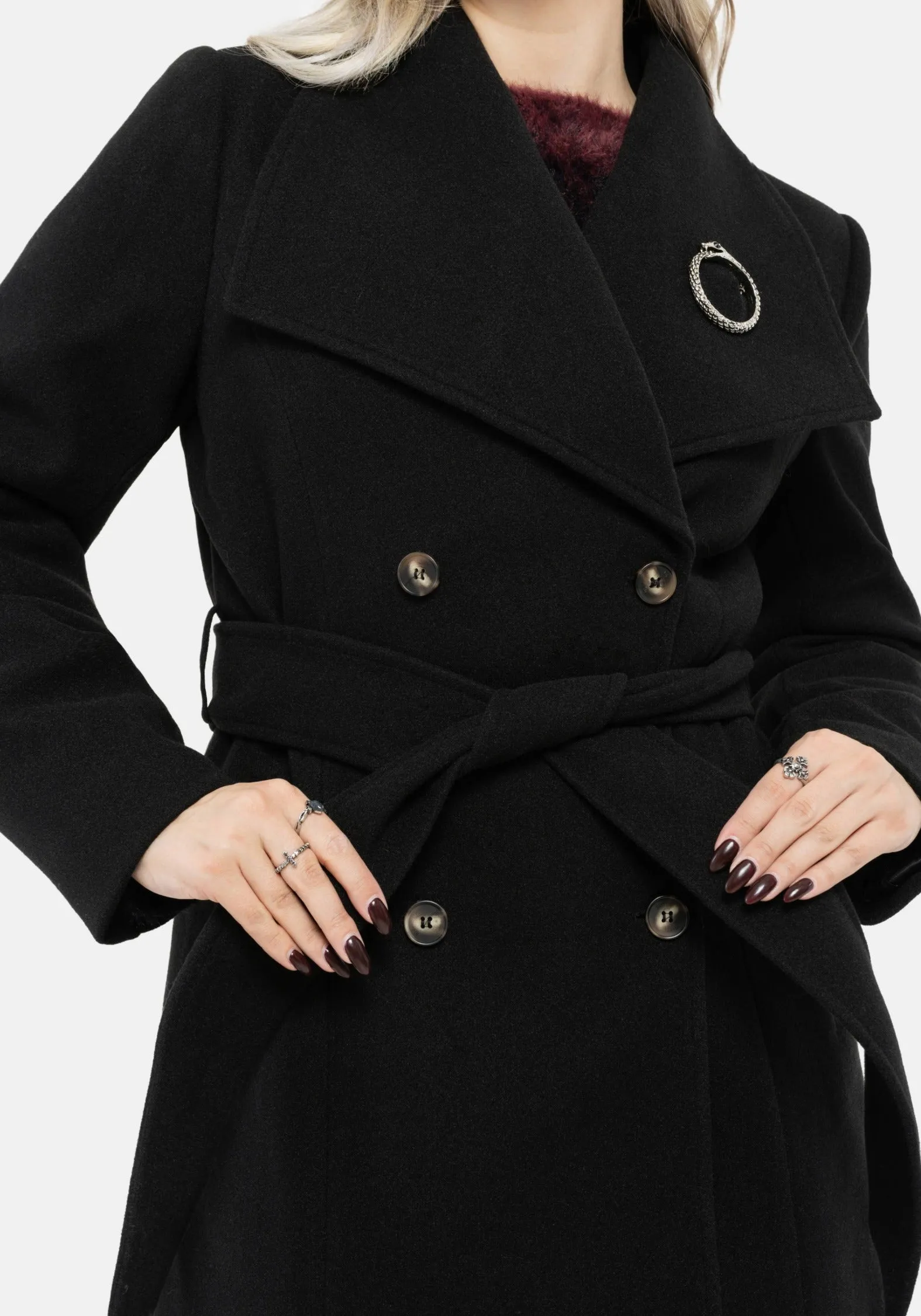 Abyss Tie Waist Double Breasted Coat With Snake Brooch - Black Tapered Hem