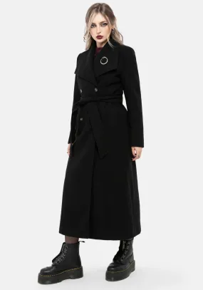 Abyss Tie Waist Double Breasted Coat With Snake Brooch - Black Breathable Lining Design