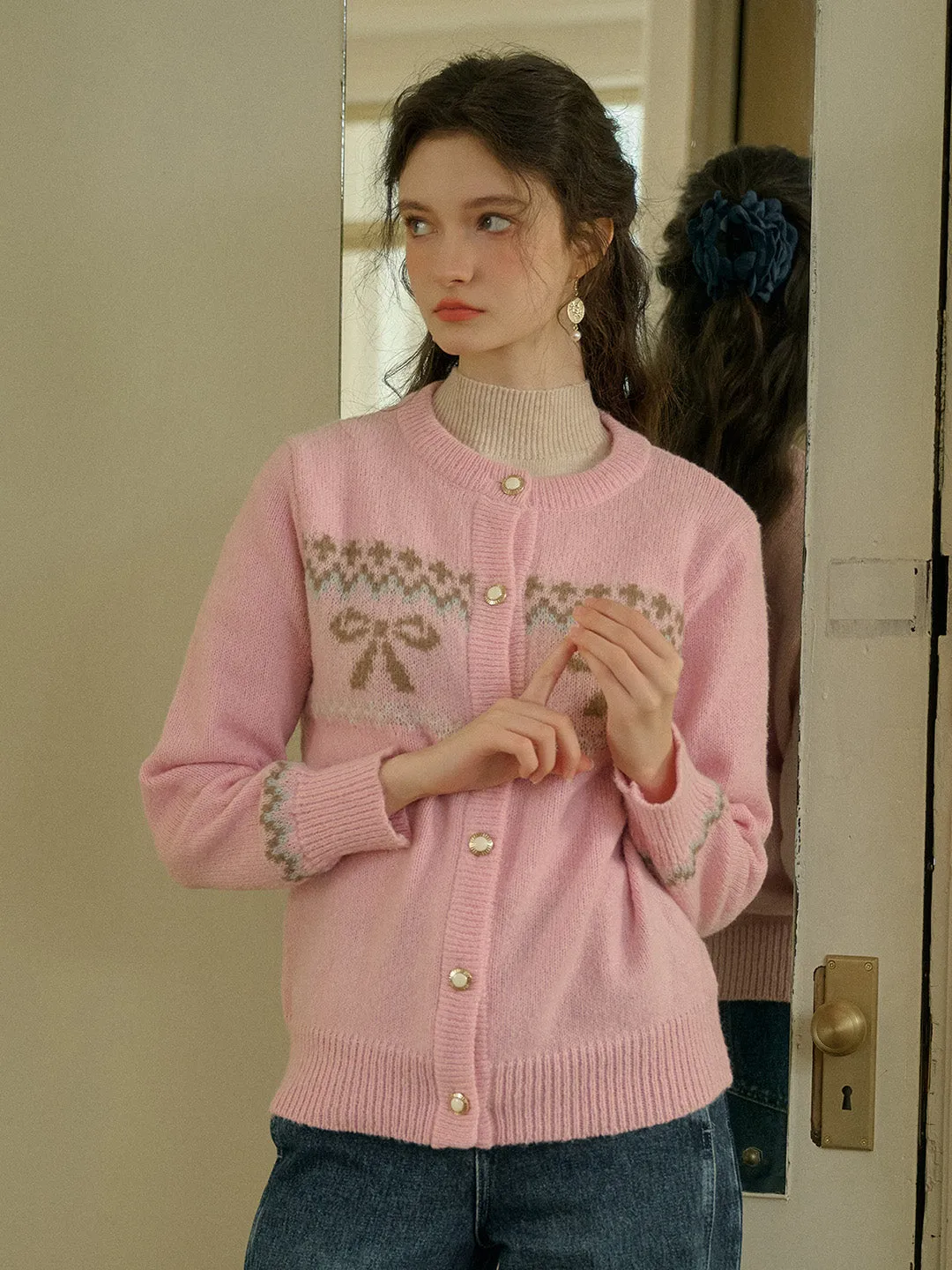 ??Final Sale??Zoey Round Neck Bow Patter Sweater MultiLayer Stitching