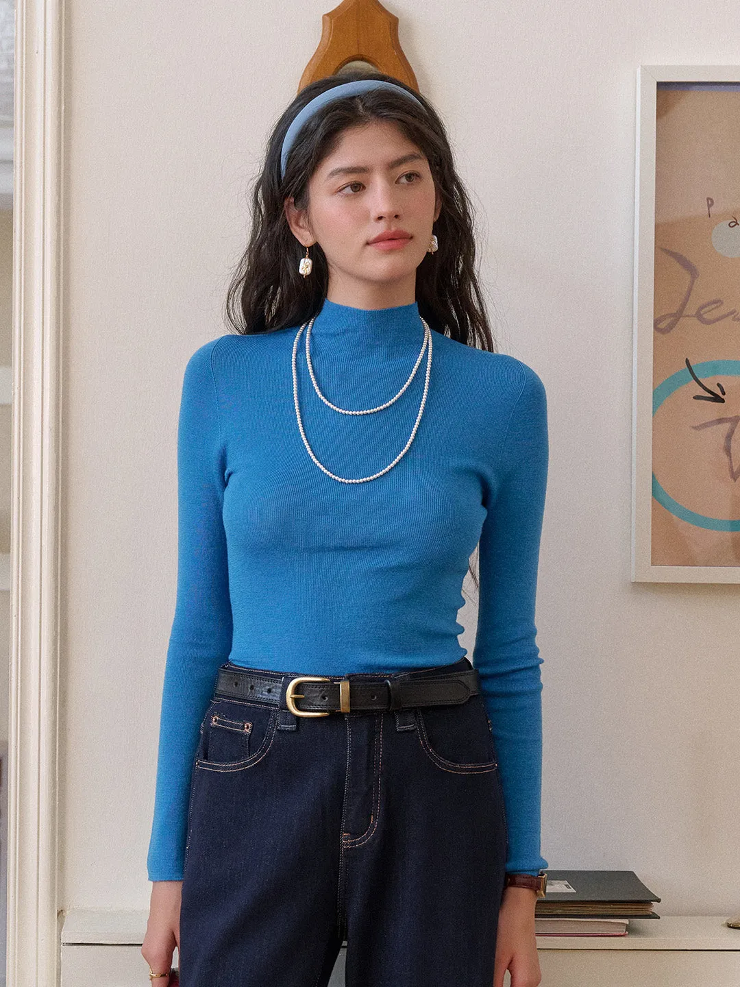 Denim Shirt Convertible Style Annalise Mock Neck 100% Merino Wool Sweater