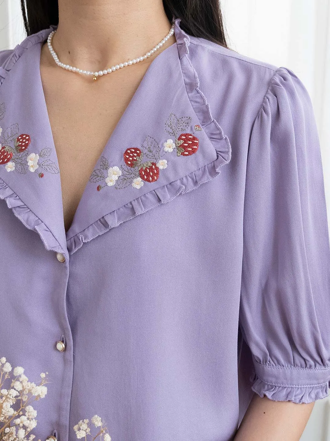 Erin Embroidered Collar Purple Blouse NonIrritating Seams