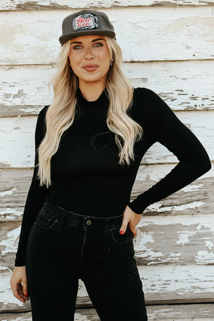 HighNeck Durable Stitching Essential Turtleneck Long Sleeve Bodysuit - Black