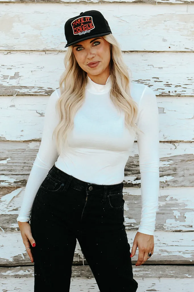 Essential Turtleneck Long Sleeve Bodysuit - White Roll Up Sleeve Design Durable Reinforced Shoulders