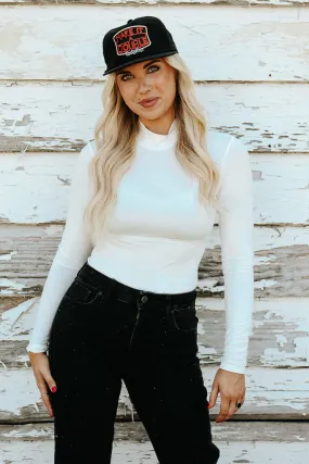 Essential Turtleneck Long Sleeve Bodysuit - White Roll Up Sleeve Design Durable Reinforced Shoulders