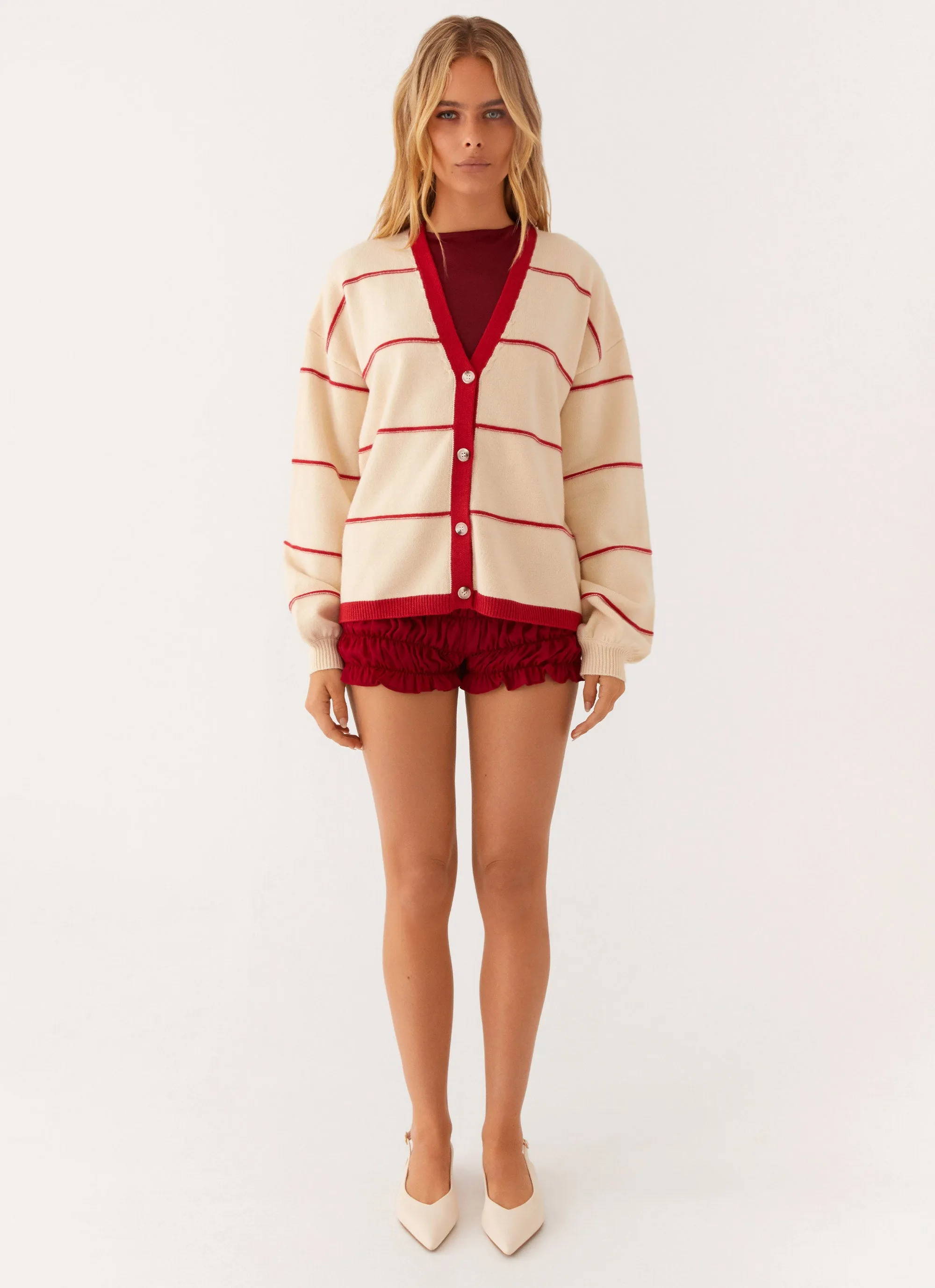 Estella Knit Cardigan - Ivory And Red Stripe Slim Tailored