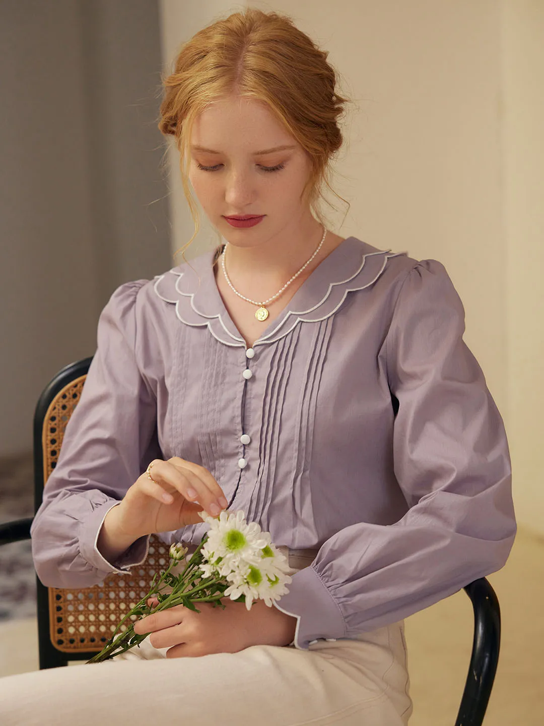 Estelle V-neck Pleated Cotton Blouse Quick Dry Fabric