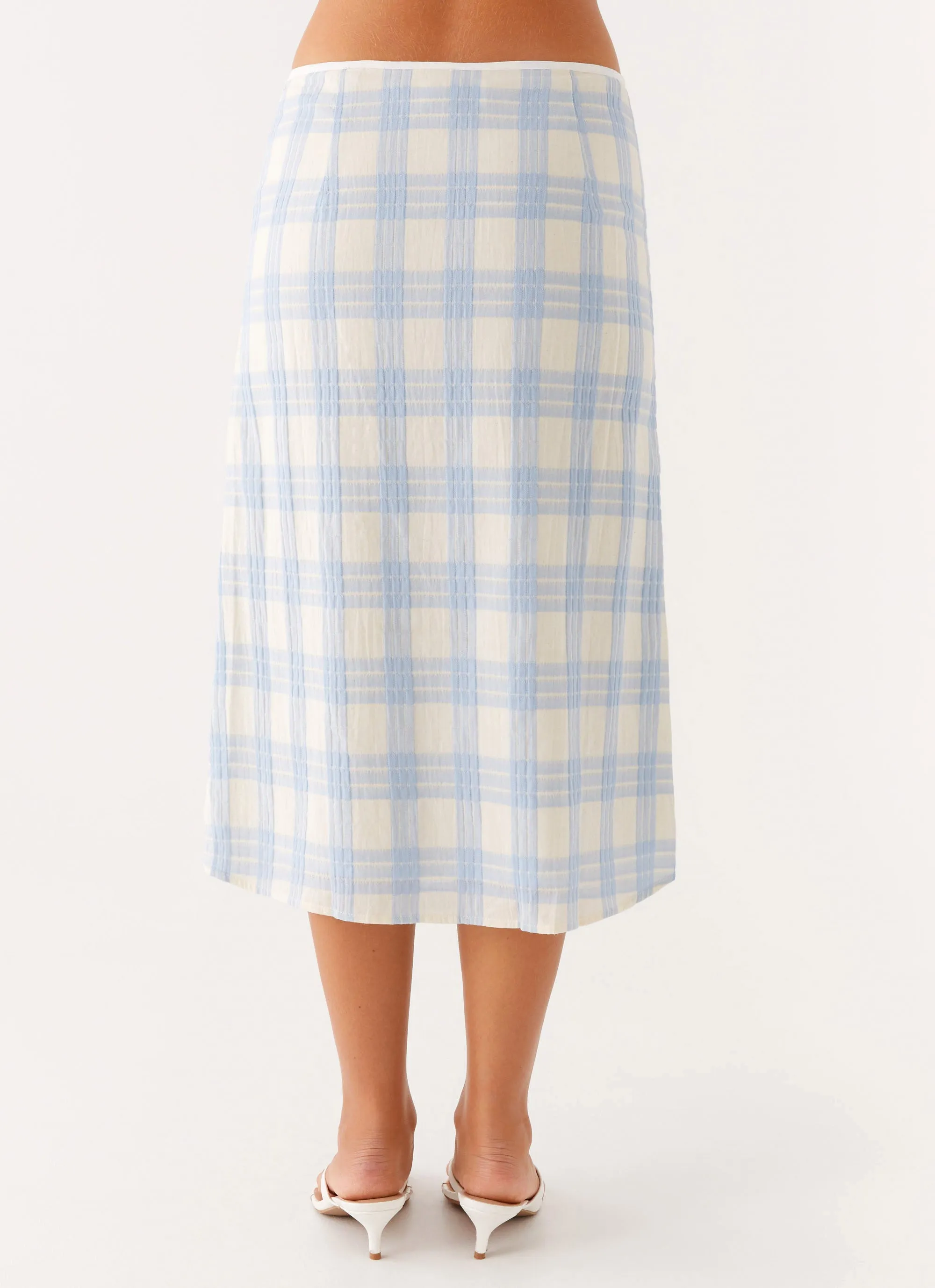 Esther Midi Skirt - Blue Check Seersucker Quiet Style High Street Chic