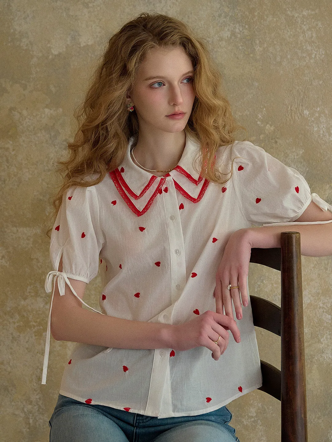 Low Impact Manufacturing BoxyCrop ??Final Sale??Kelsey Double Collar Embroidery 100% Cotton Blouse