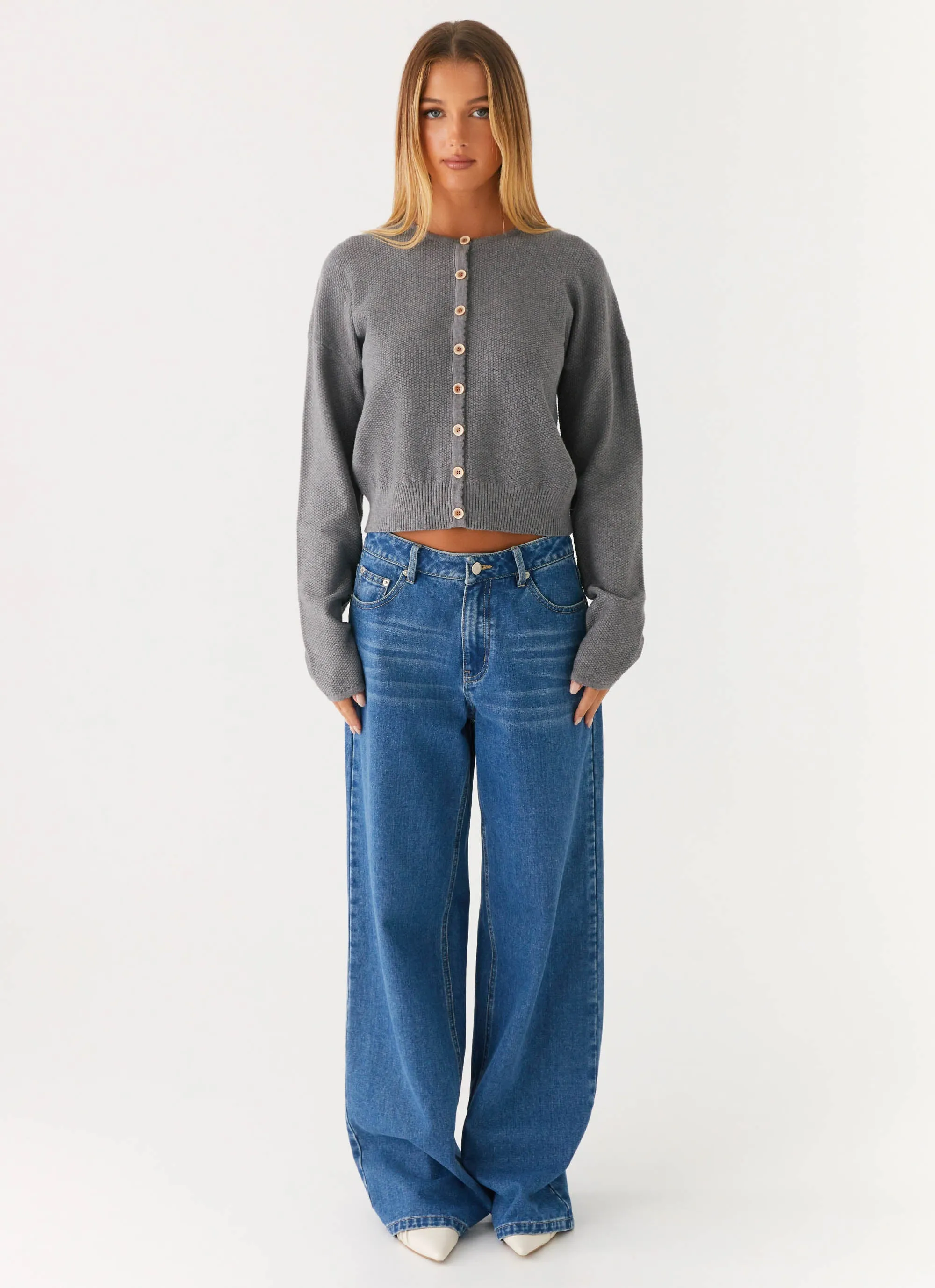 Top Guard DoubleLayeredHem Etty Knit Cardigan - Dark Grey