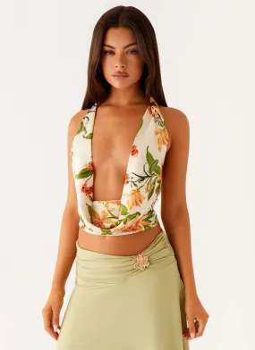 Everette Satin Scarf Top - Floral Print Long Sleeve Polo Sweat Absorbing Lining