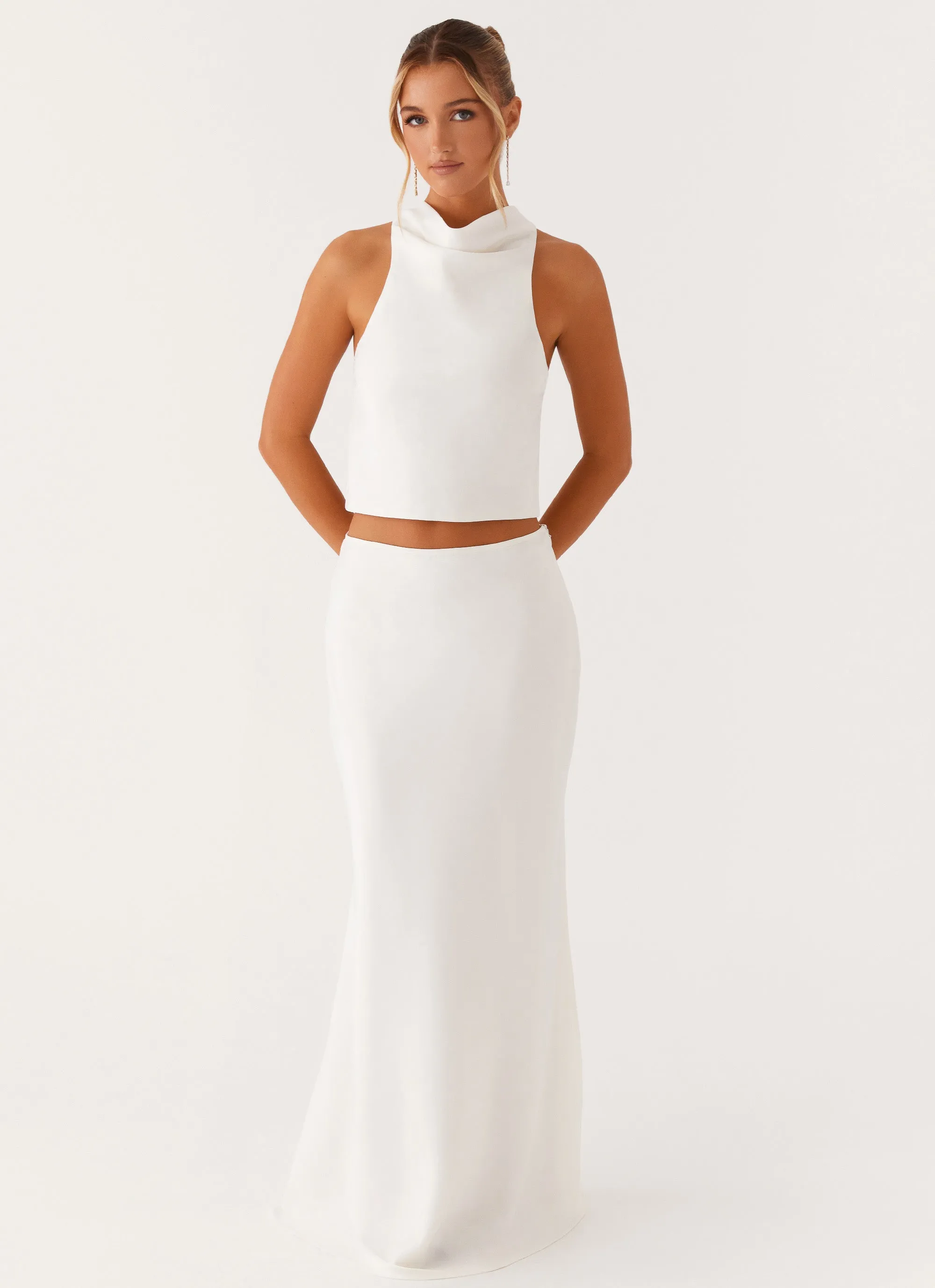 Quilted Texture Mina Satin Maxi Skirt - White