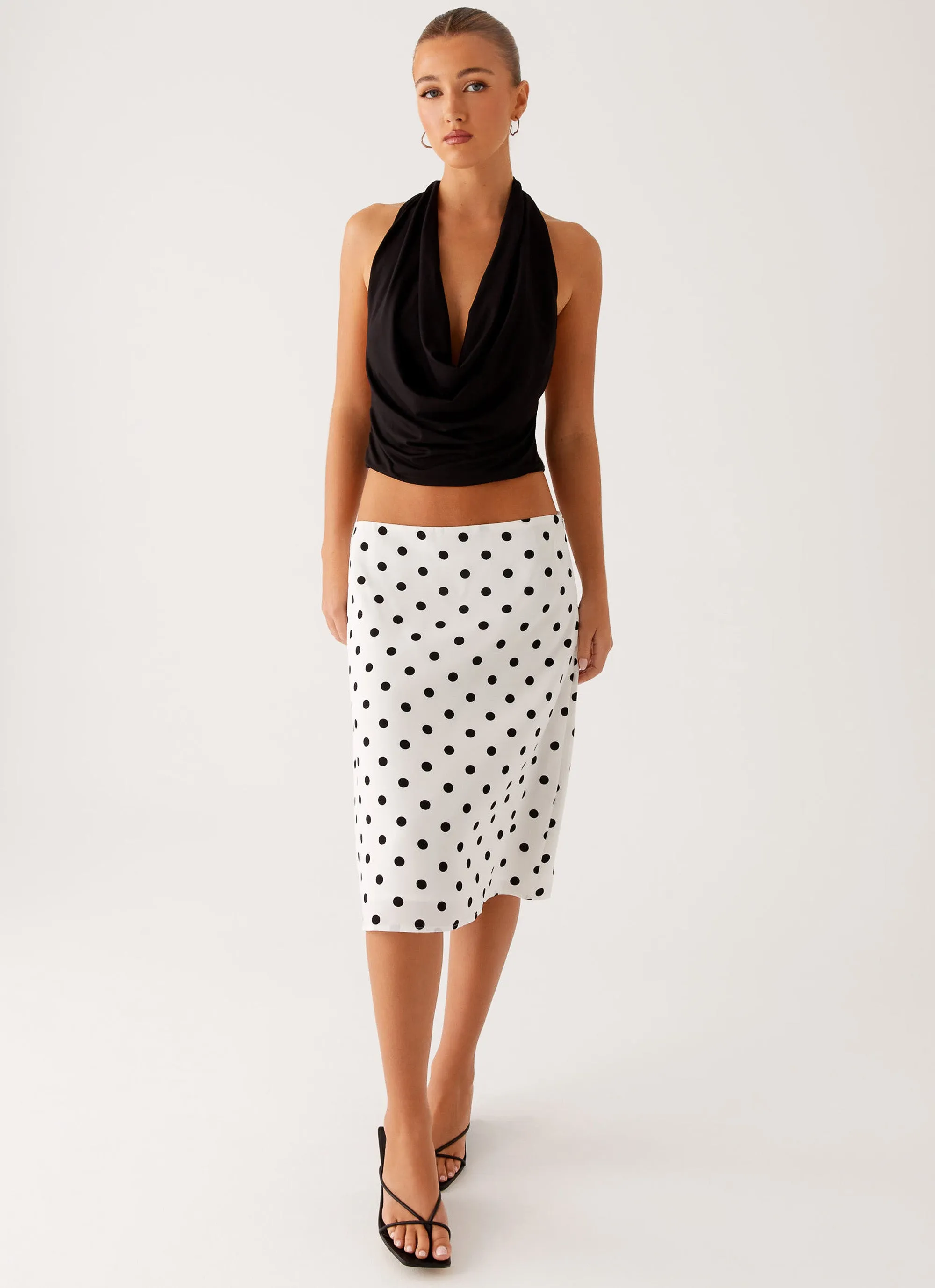 Evoke Chiffon Midi Skirt - White Polka Dot Recycled Material