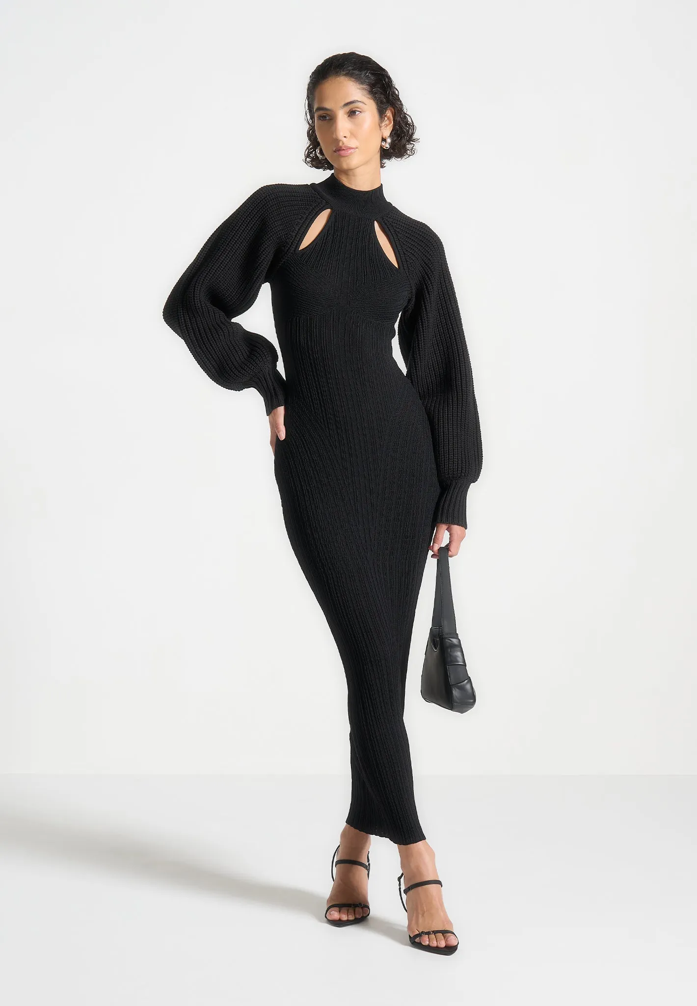 Smooth Layering Self Power Balloon Sleeve Knitted Contour Maxi Dress - Black
