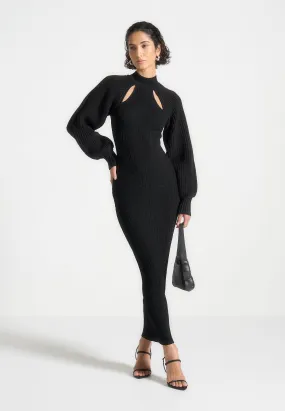 Smooth Layering Self Power Balloon Sleeve Knitted Contour Maxi Dress - Black