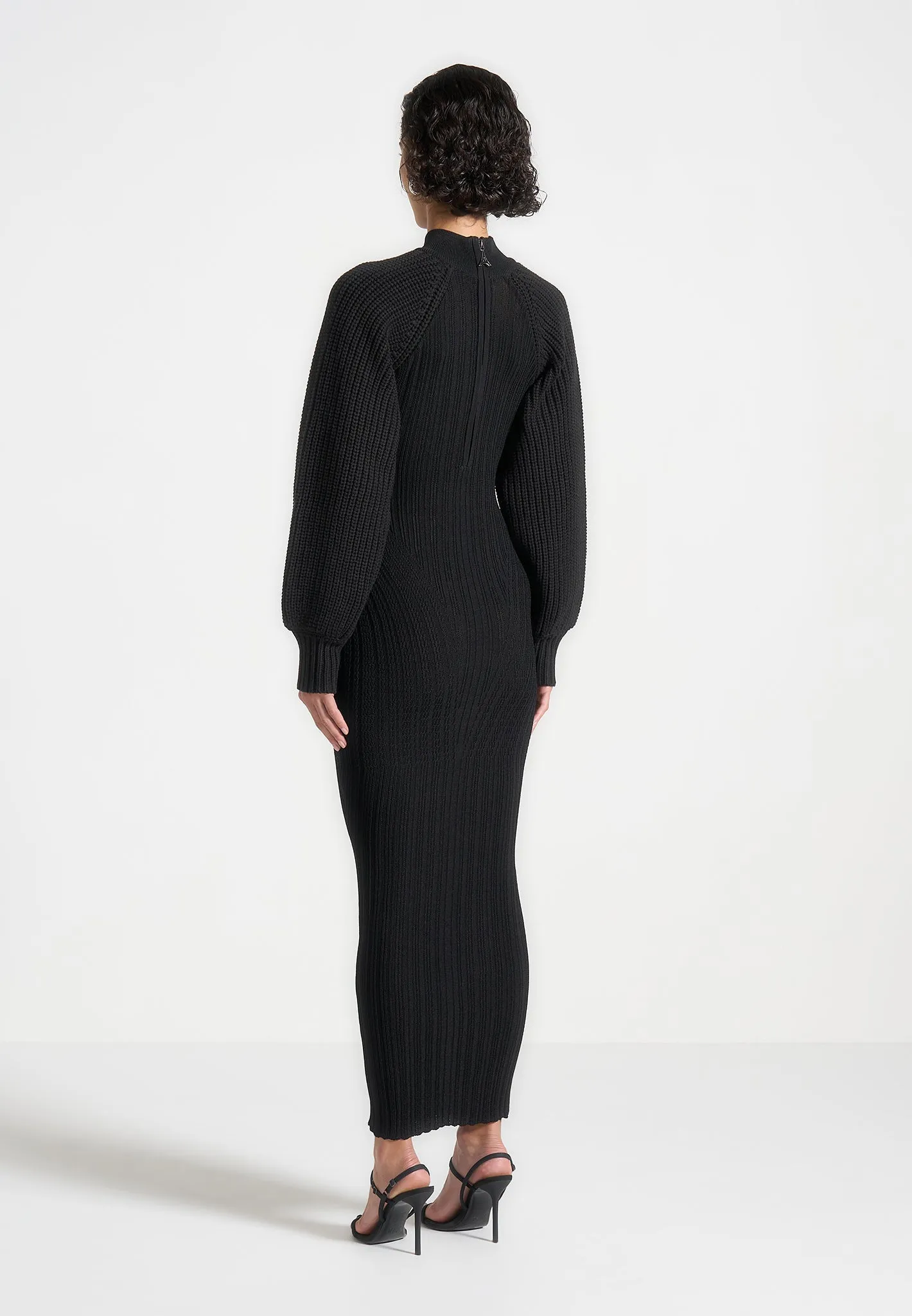 Light Drape Balloon Sleeve Knitted Contour Maxi Dress - Black