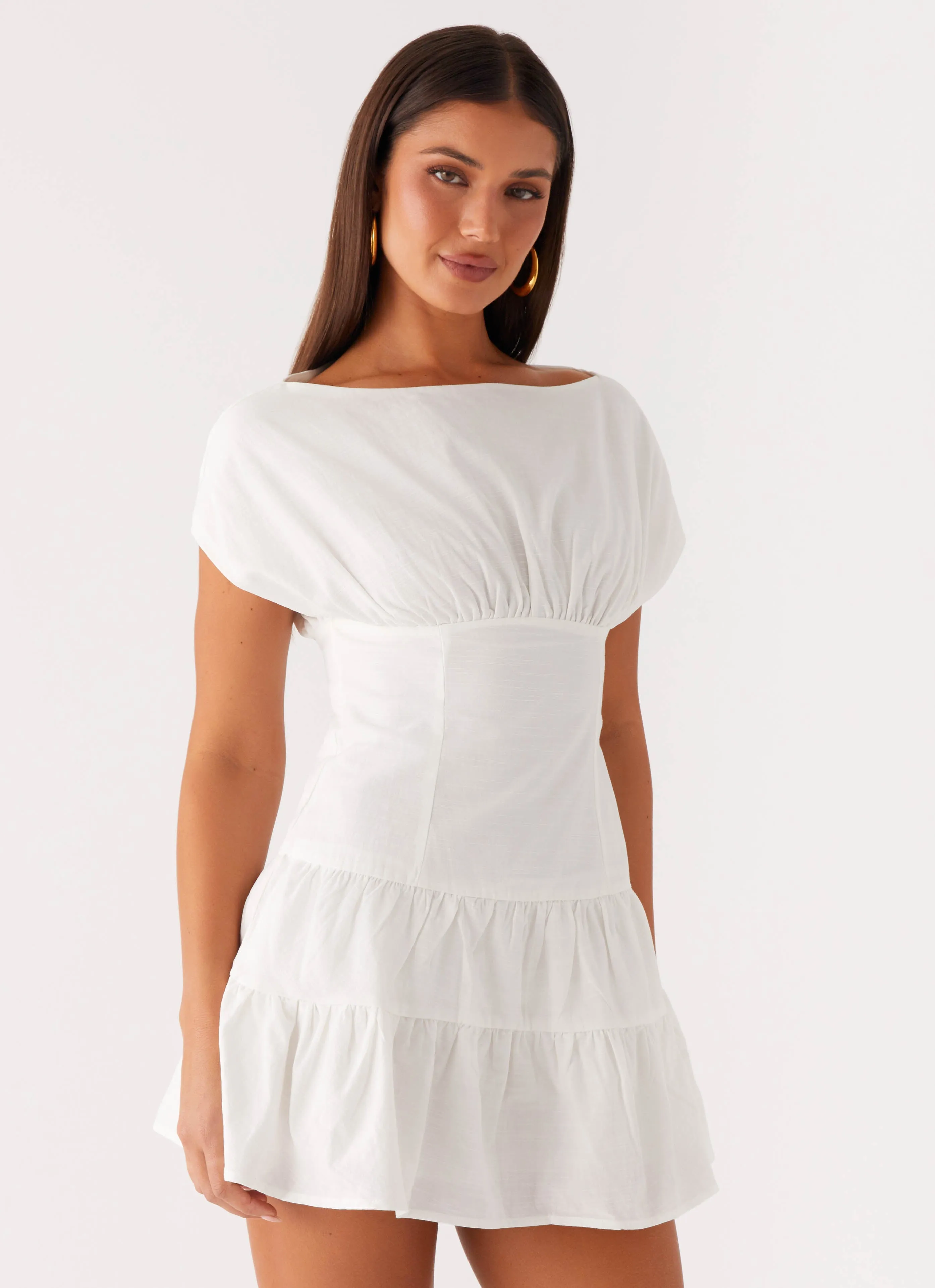 Ember Haze Boat Neck Mini Dress - Off White mix and match Structured silhouette