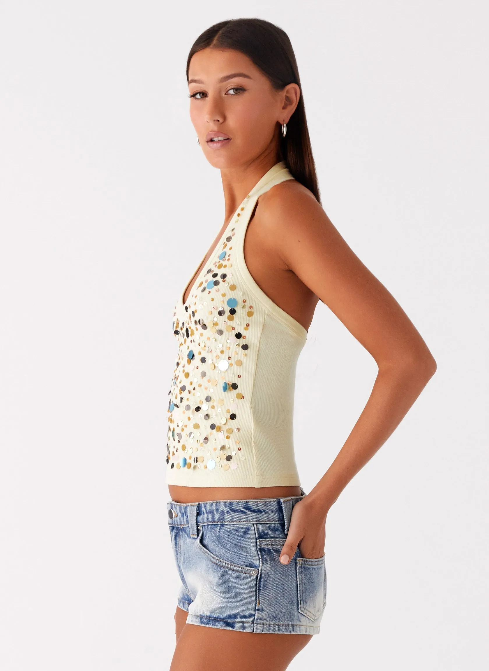 Eye Contact Sequin Halter Top - Yellow Compression Fit