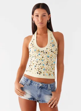 Eye Contact Sequin Halter Top - Yellow VentilatedMesh Ventilated Panel Design