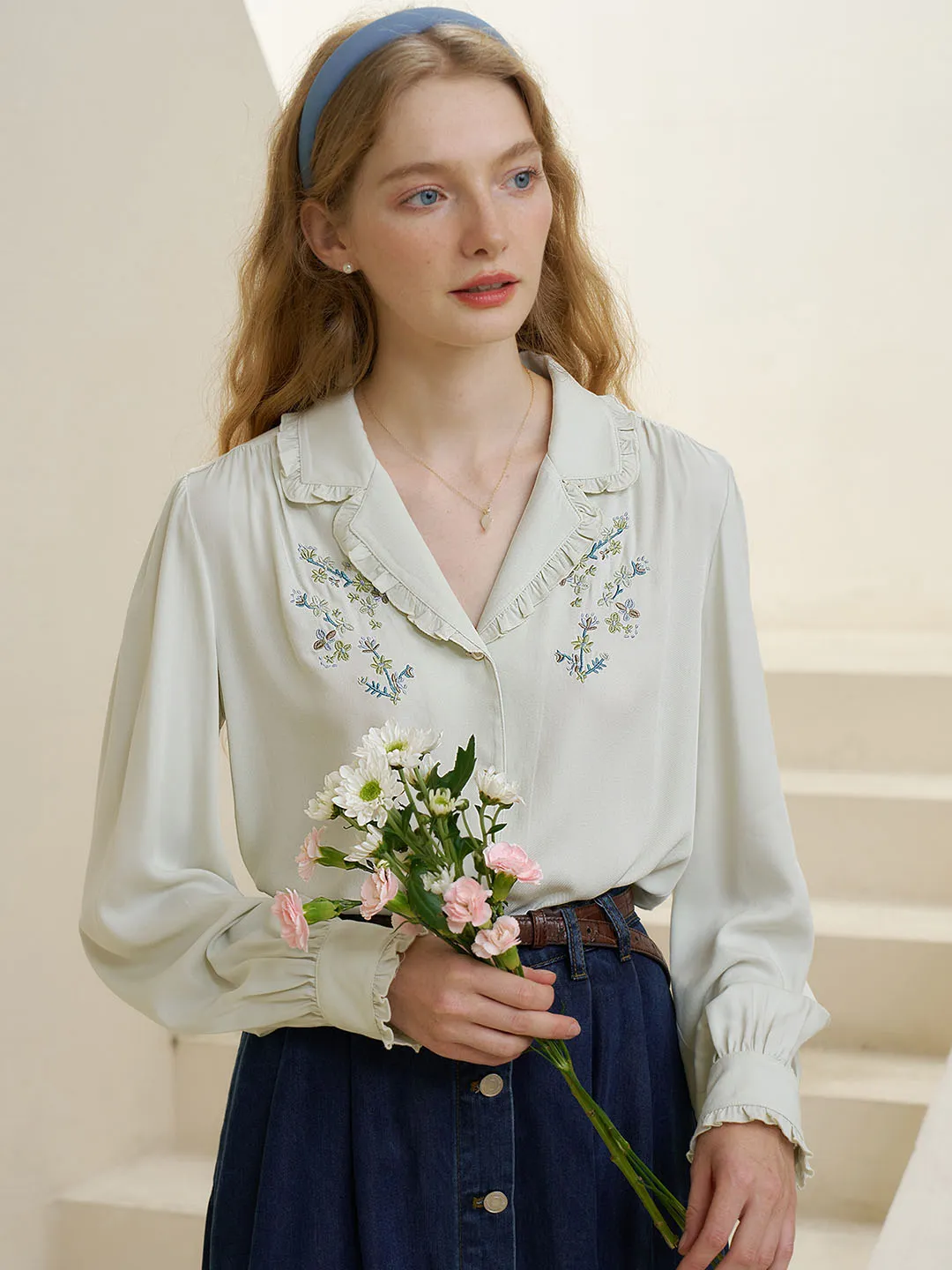 Quick Release Buttons ??Final Sale??Convallaria Floral Embroidered White Puff Top