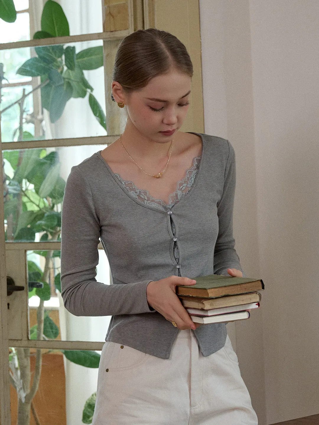 Aubree Round Neck Cotton Knitted Top Reinforced Neckline Detail