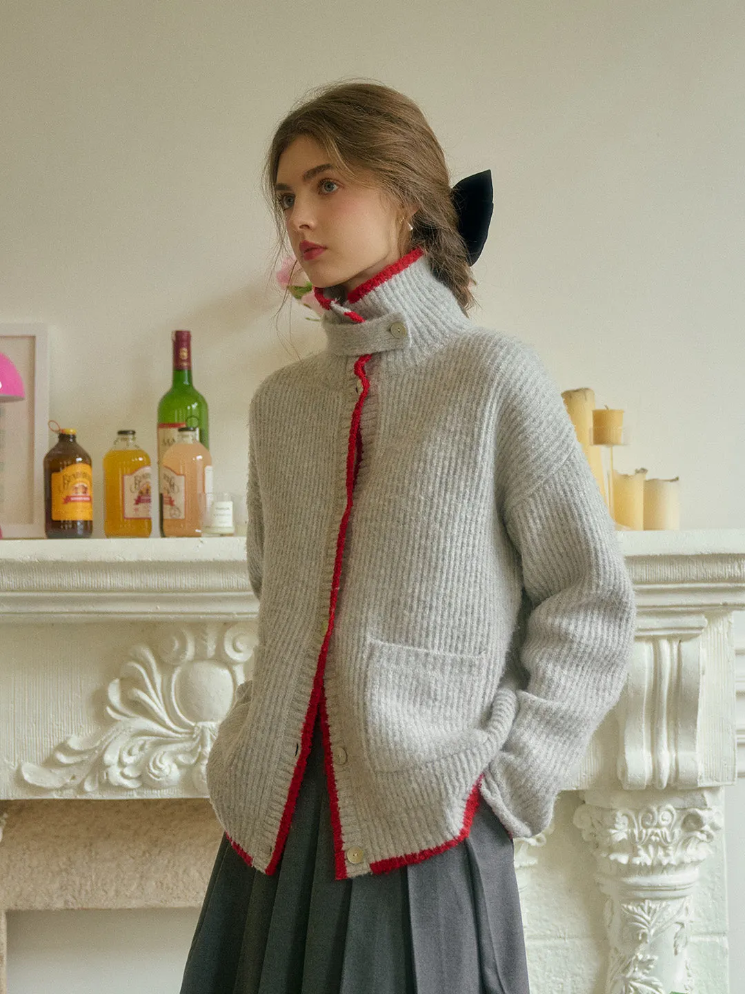 Ellis Lapel Contrasting Pocket Wool Cardigan - Blue Adjustable Fit System