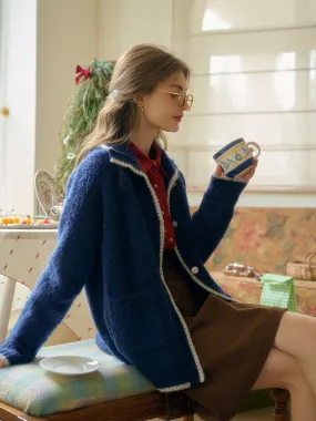 Ellis Lapel Contrasting Pocket Wool Cardigan - Blue All Day Comfort Yarn Dyed Pattern Cloth