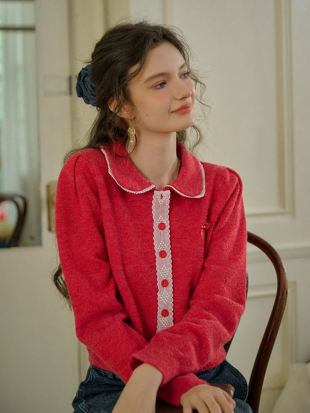 Modern Design Classic Polo ??Final Sale??Laylah Doll Neck Collision Lace Sweater Cardigan