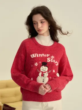 ??Final Sale??Natalie Round Neck Snowman Wool Sweater Breathable Underarm Gussets Raw Edge Finish