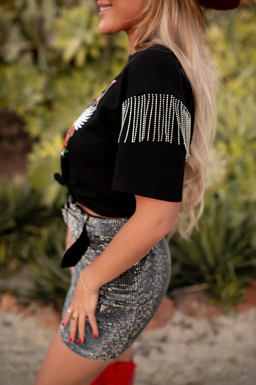 Seamless construction Freedom Spirit Rhinestone Fringe Tee