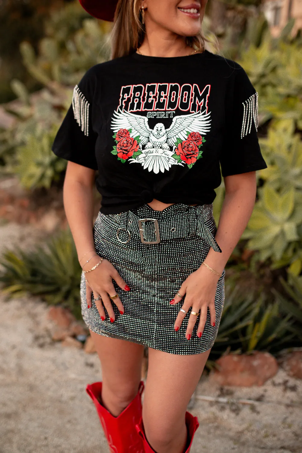 Freedom Spirit Rhinestone Fringe Tee Breathable Microfiber