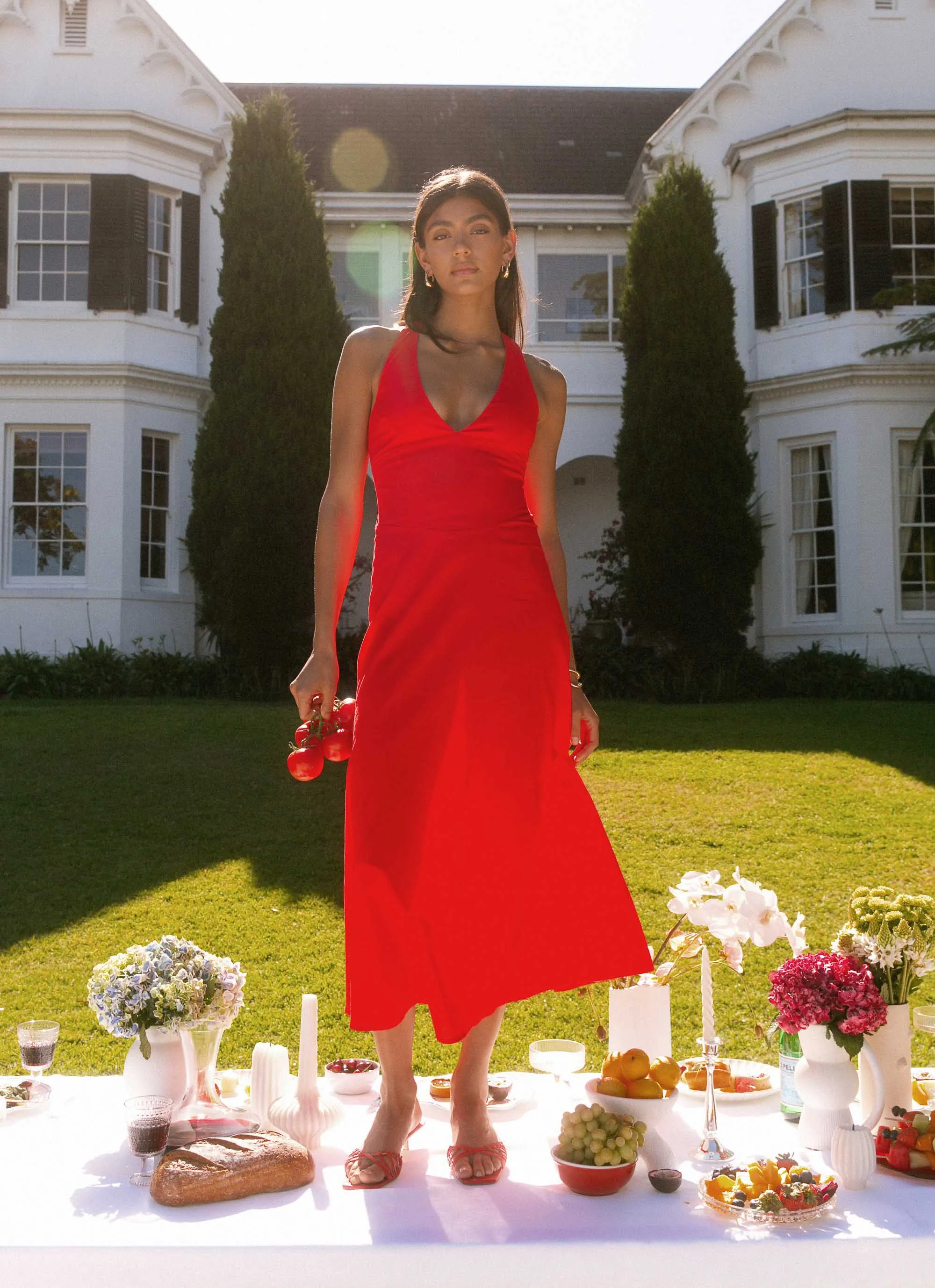 Square Neck Shimmer-Finish Falling For You Midi Dress - Red