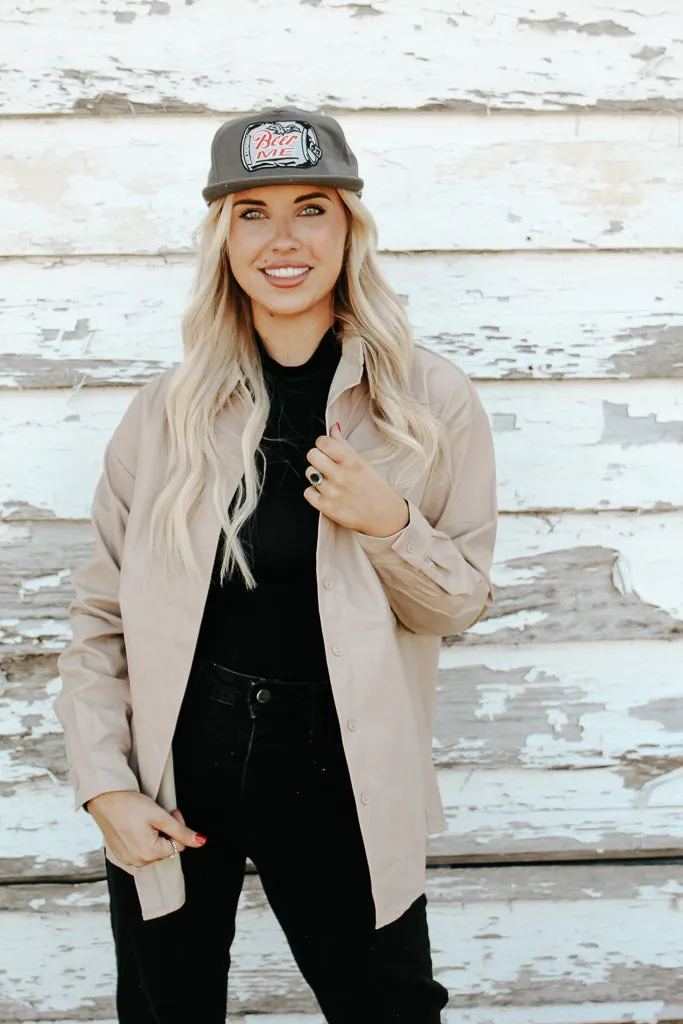 Fallon Faux Leather Shacket - Taupe Roll Up Sleeve Design Lightweight Design