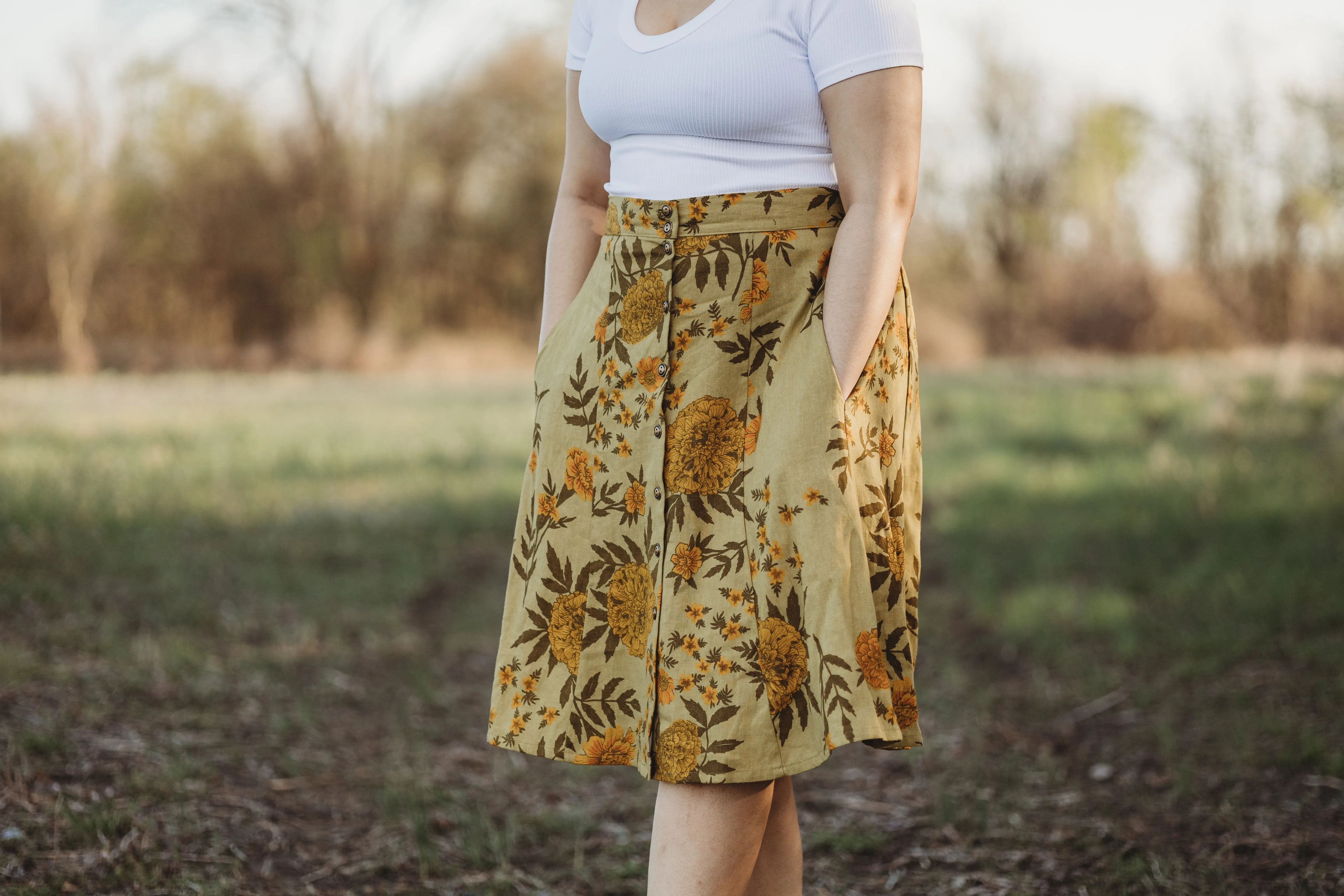 Non Bulk Work Comfort Bae Skirt in Mustard Marigold Linen