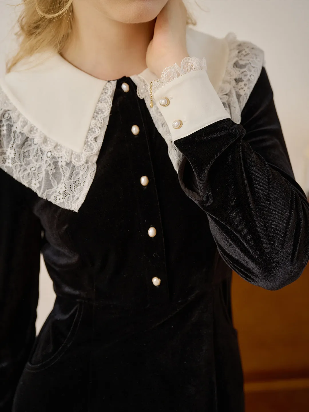 Eden Contrast Collar Button Front Velvet Dress everyday elegance