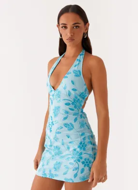 Patchwork Design Merida Halterneck Beaded Mini Dress - Blue