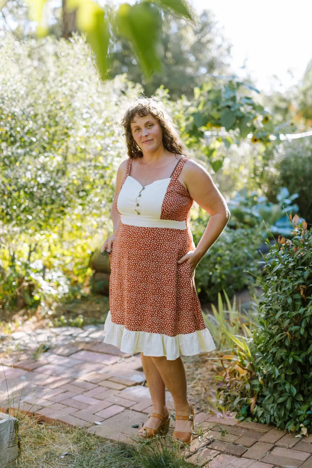 Gemma Dress in Rust Floral and Oat Pearl-Detail