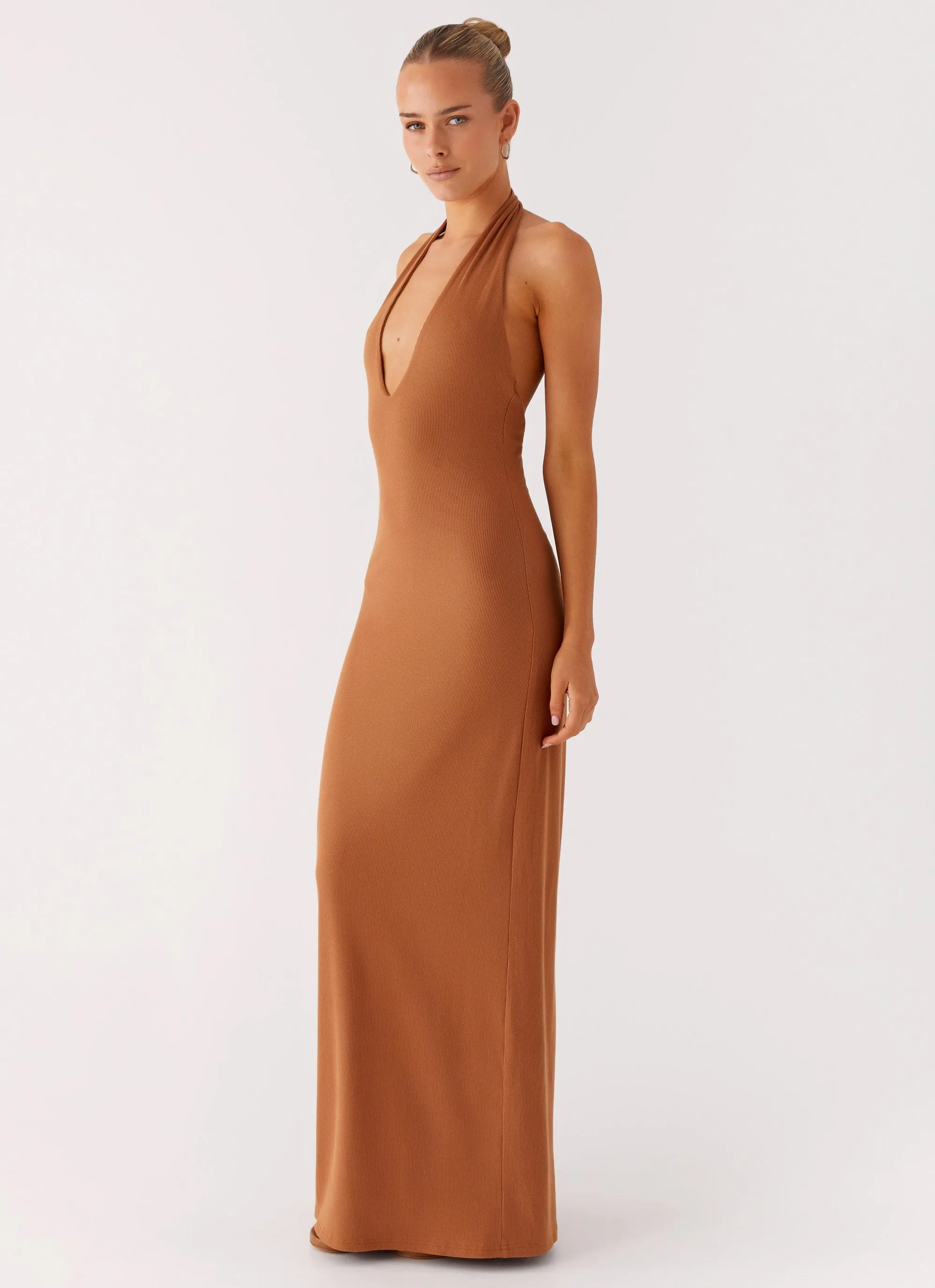 Elegant Touch Jewel-Tone Plunge For You Maxi Dress - Tan