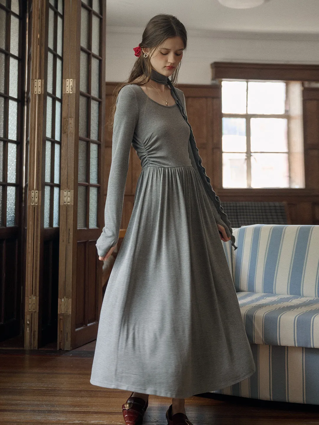 Kaitlyn Round Neck Elegant Gray Slim Fit Knit Dress Modern Chic Minimal Motion