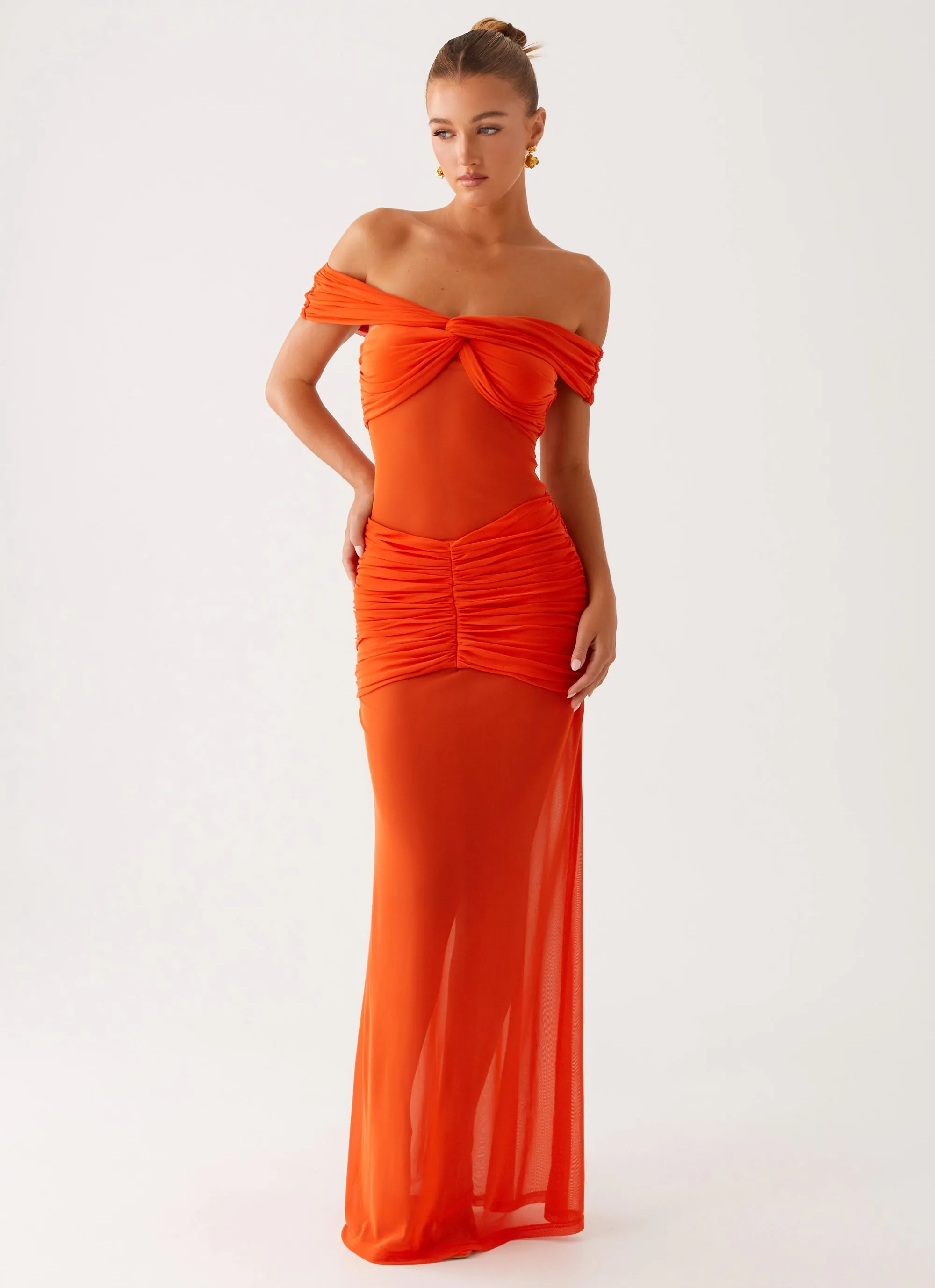 Polished Cut Light Coral Charming Off Shoulder Maxi Dress - Orange