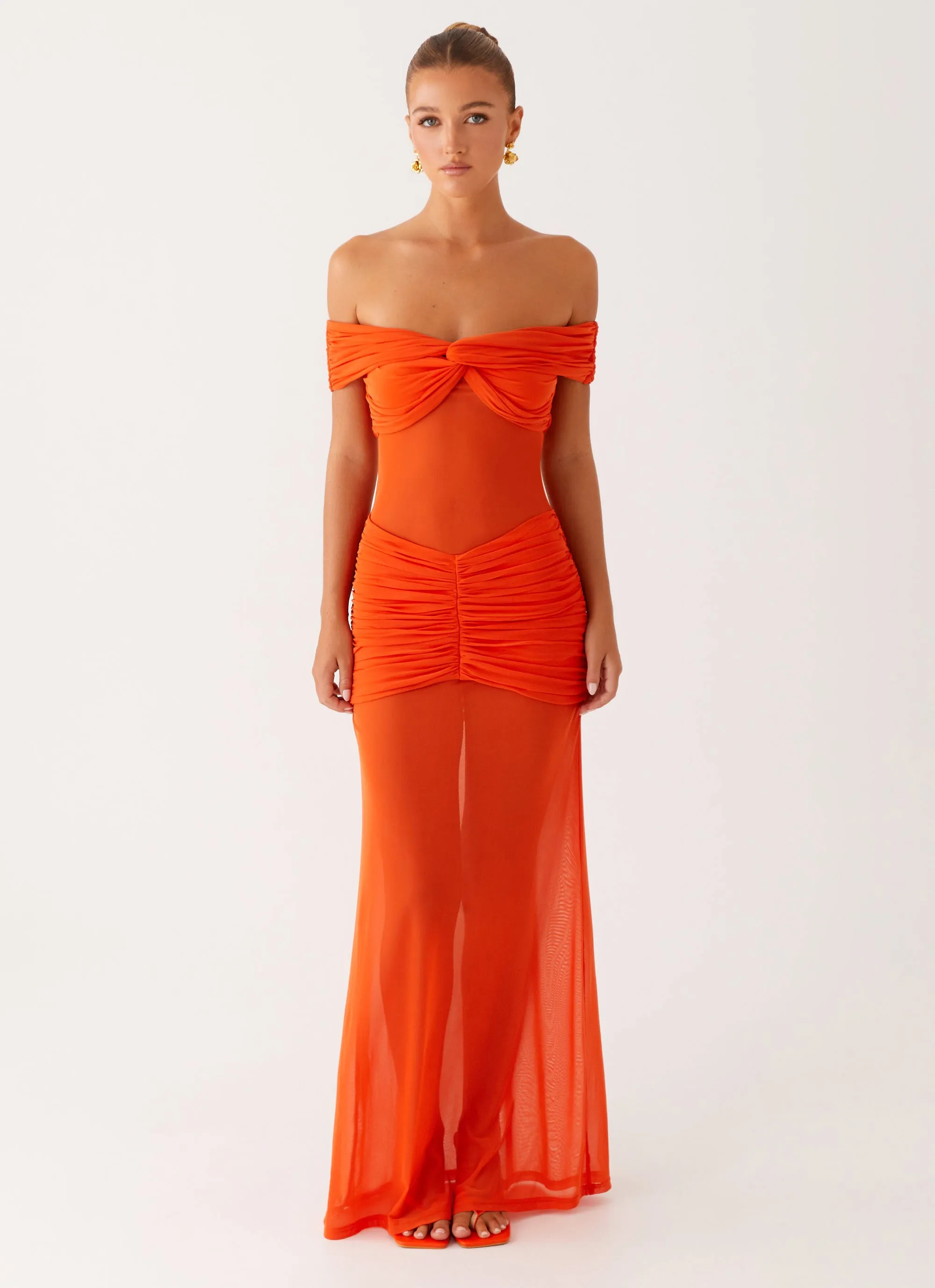 Charming Off Shoulder Maxi Dress - Orange Satin Layers