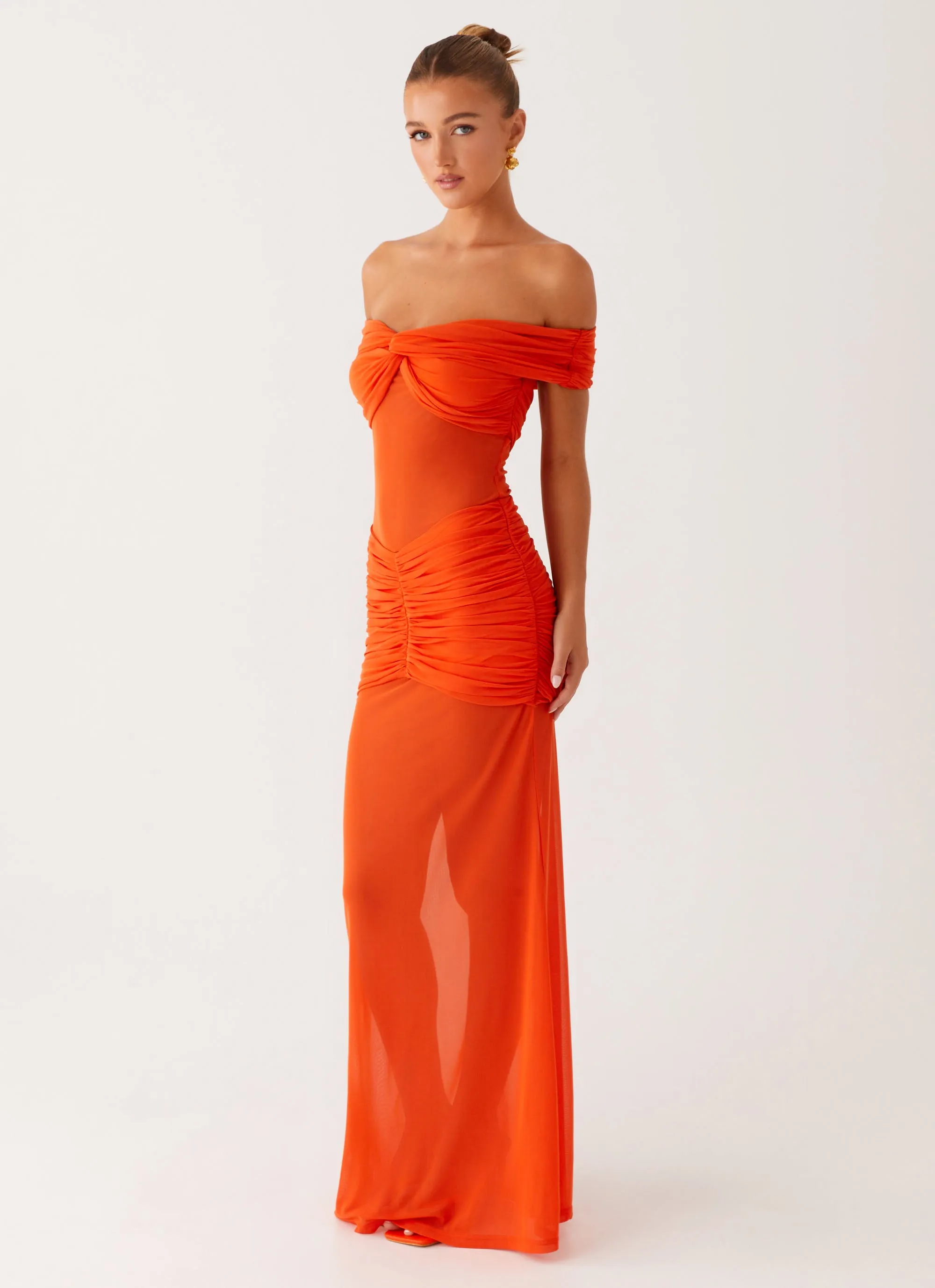 Charming Off Shoulder Maxi Dress - Orange Silk-Blend