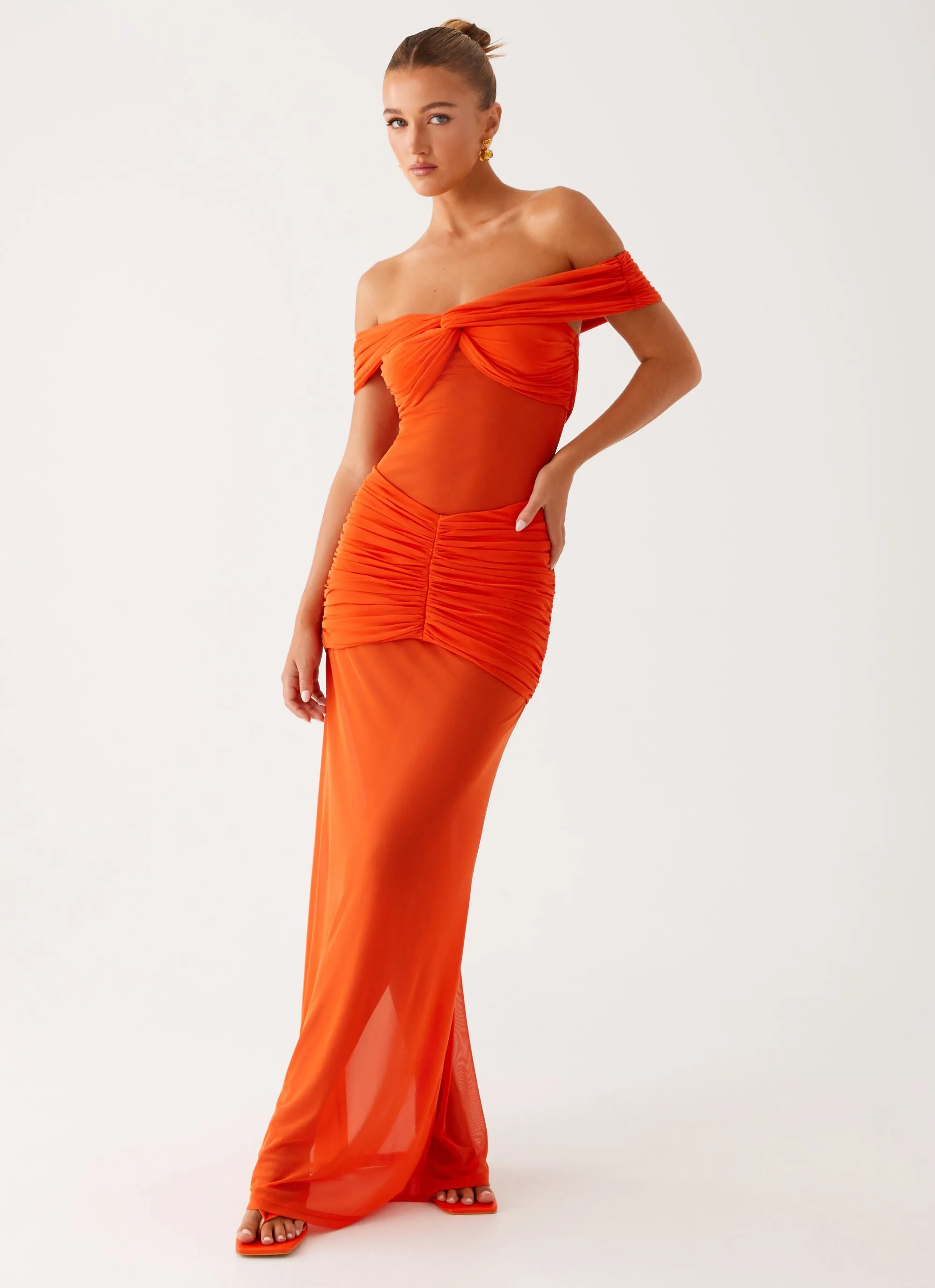 Hip-Flattering Event Perfect Charming Off Shoulder Maxi Dress - Orange